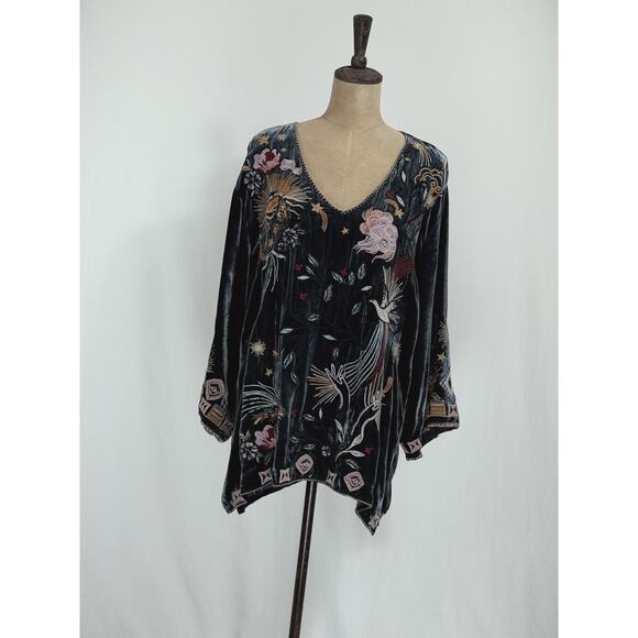 Johnny Was Steel Blue STUNNING Embroidered Velvet Tunic Blouse XL #0052 - Picture 2 of 11